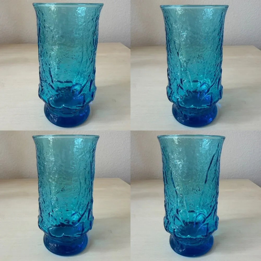 Lot of 4 Vintage Anchor Hocking Rainflower Laser Blue Tumblers and Juice Glasses